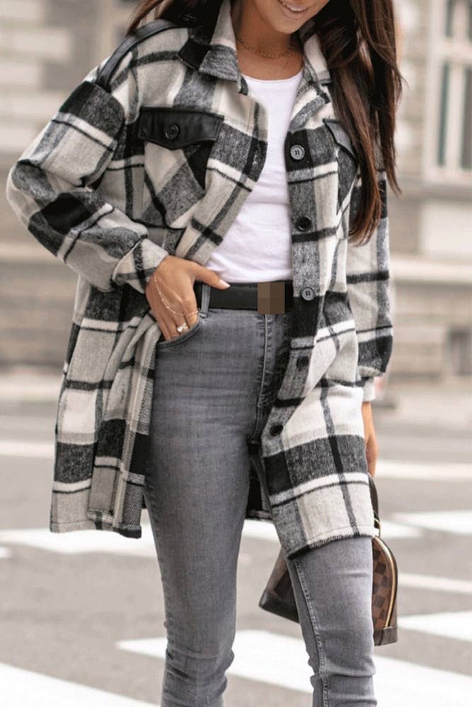 Plaid Fleece Shacket Coat Women TOPW1145