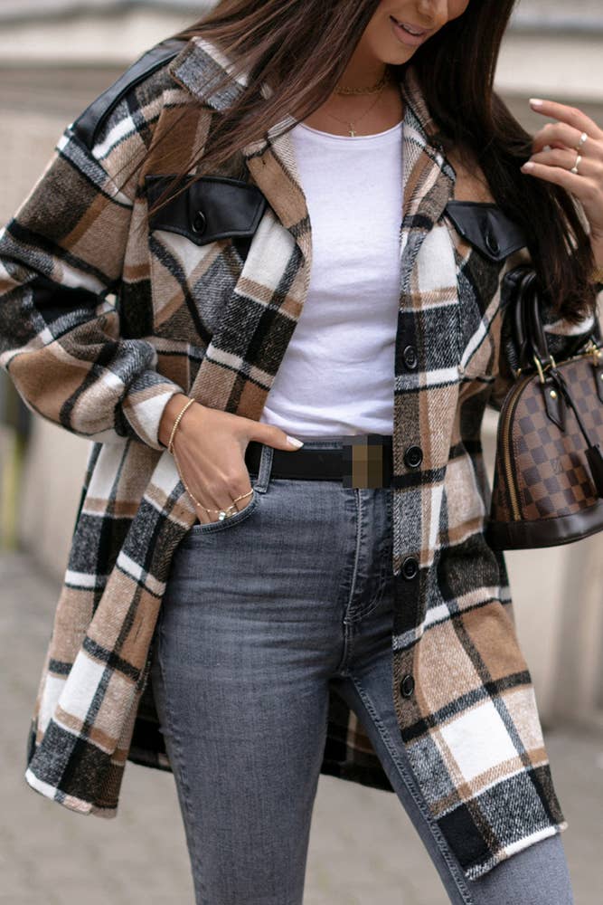 Plaid Fleece Shacket Coat Women TOPW1145